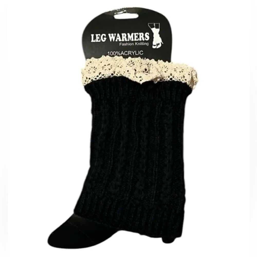 NWT boot cuffs leg warmers black with ecru lace trim